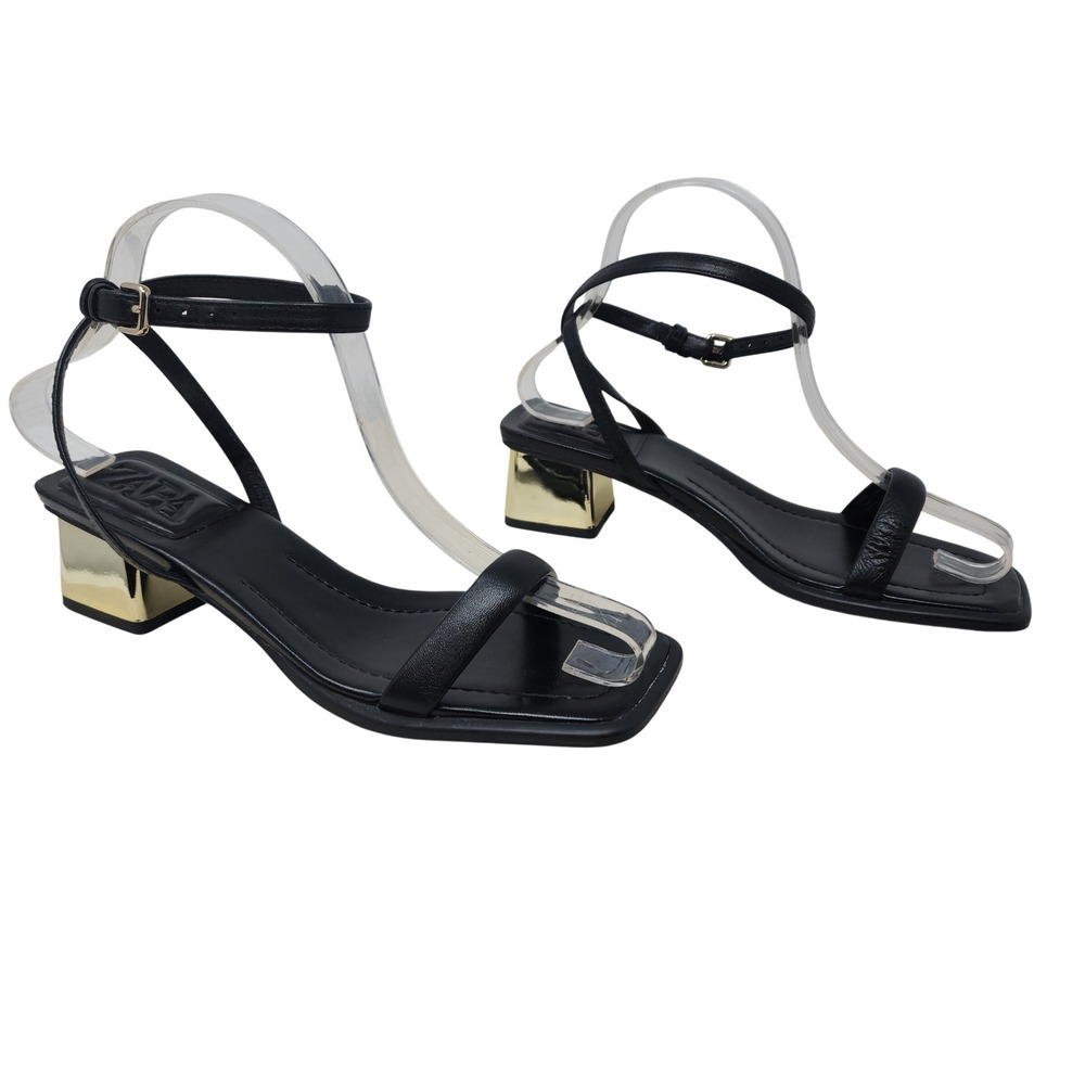 Zara Strappy Sandals EU 36 US 6 Women Black Gold Block Heel Square Toe